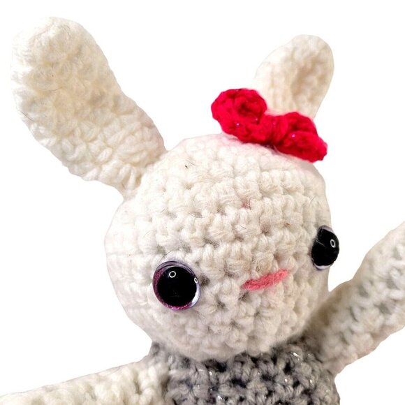Handmade Crochet Bunny Rabbit Tutu Bow 10" White Gray Pink Easter Stuffed Plush - Picture 4 of 7